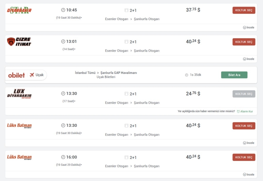 Example of Bus Tickets from Istanbul to Şanlıurfa