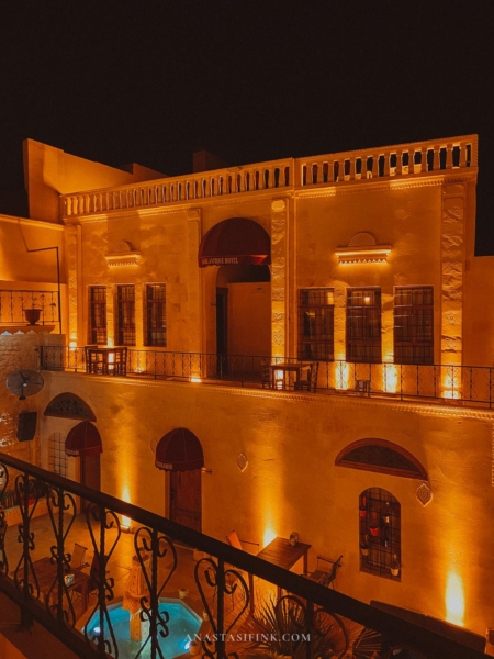 View from the balcony overlooking the Sanliurfa Babel Hotel at night.