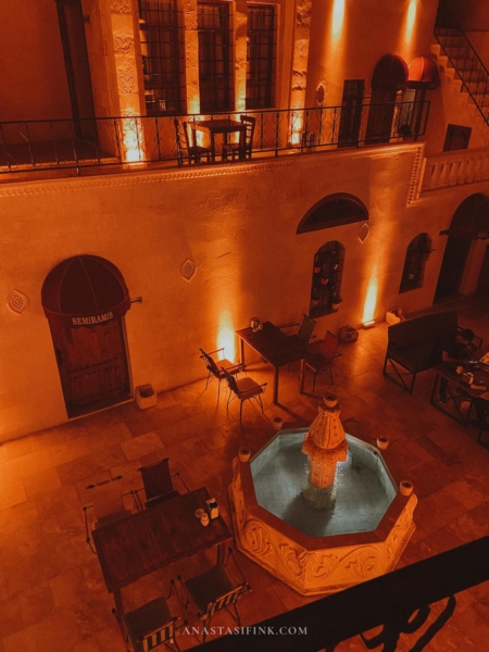 Beautiful courtyard with a central fountain at Sanliurfa Babel Hotel.