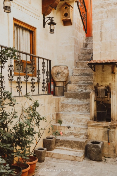 Stone stairs leading to a charming balcony in Sanliurfa