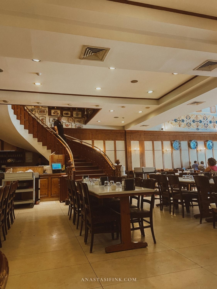 Interior view of the İmam Çağdaş Kebap ve Baklava Salon in Gaziantep with tables, chairs, and a staircase.