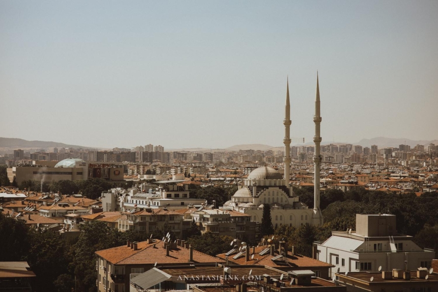 A wide view of Gaziantep cityscape, featuring the skyline with mosques and historical buildings.