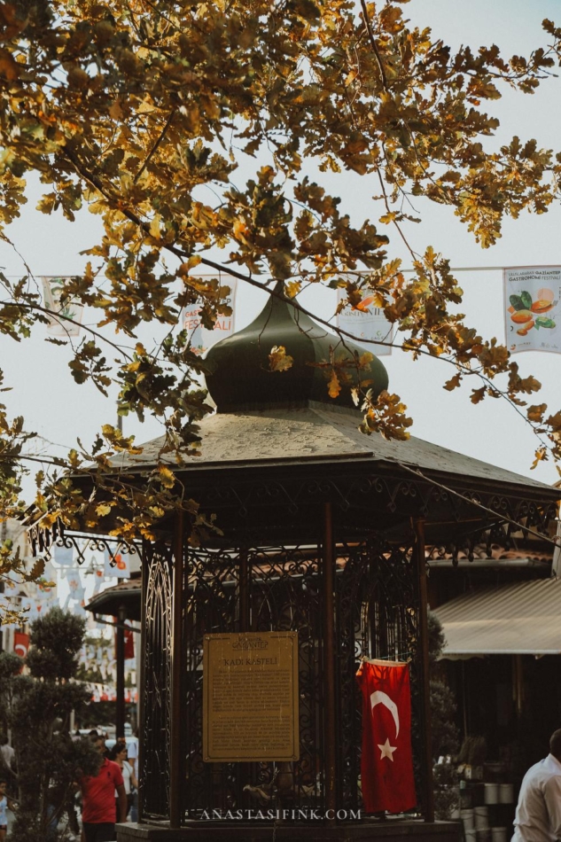 A historical fountain in Gaziantep, with a detailed dome and surrounding trees.