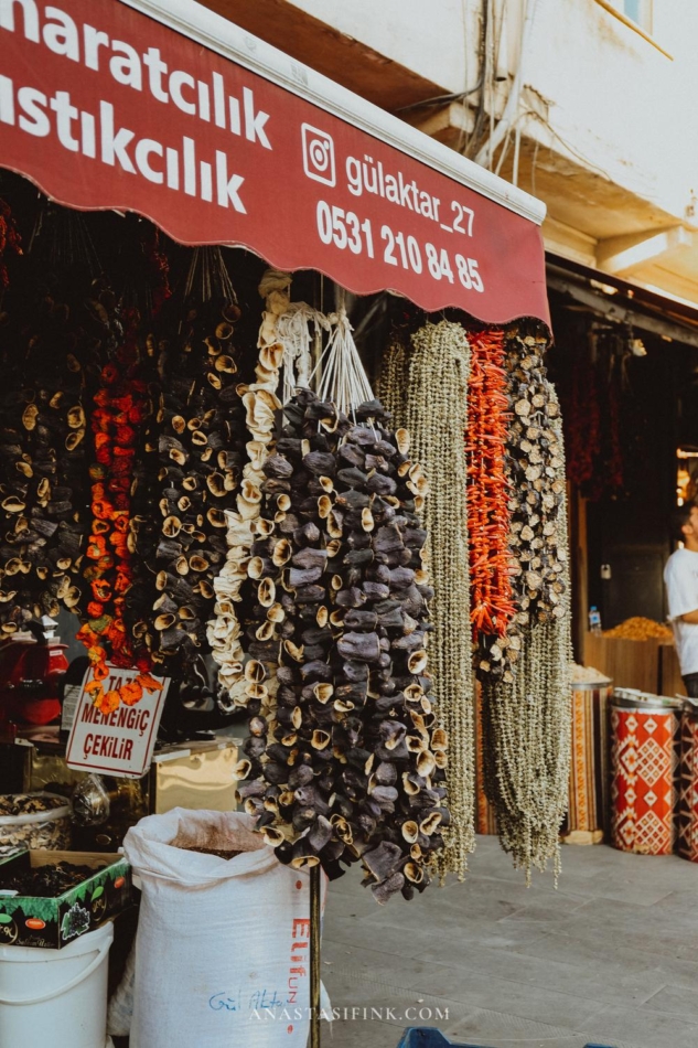 A market street in Gaziantep, lined with shops selling dried goods and traditional items.