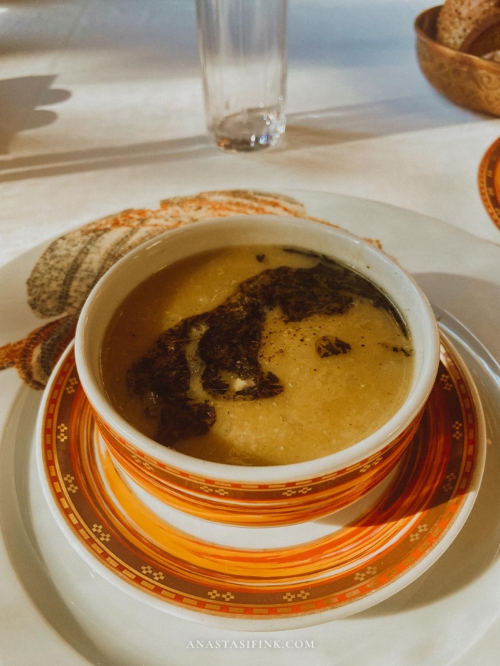 A bowl of soup served at the Mutfak Sanatları Merkezi Restaurant.