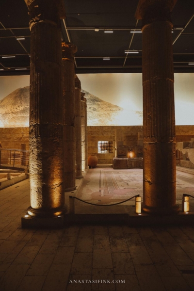 Ancient columns inside the Zeugma Mosaic Museum, highlighting the historical architecture.