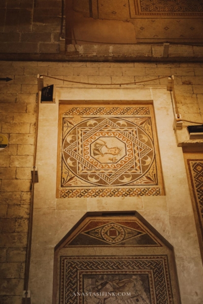 An overview shot of the Zeugma Mosaic Museum's exhibit area, displaying various artifacts and mosaics.