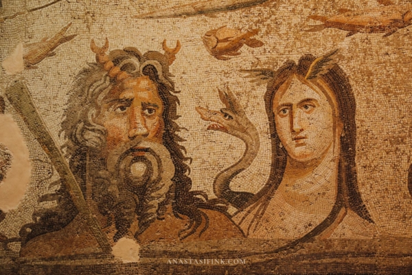 A mosaic depicting sea gods on display in the Zeugma Mosaic Museum.