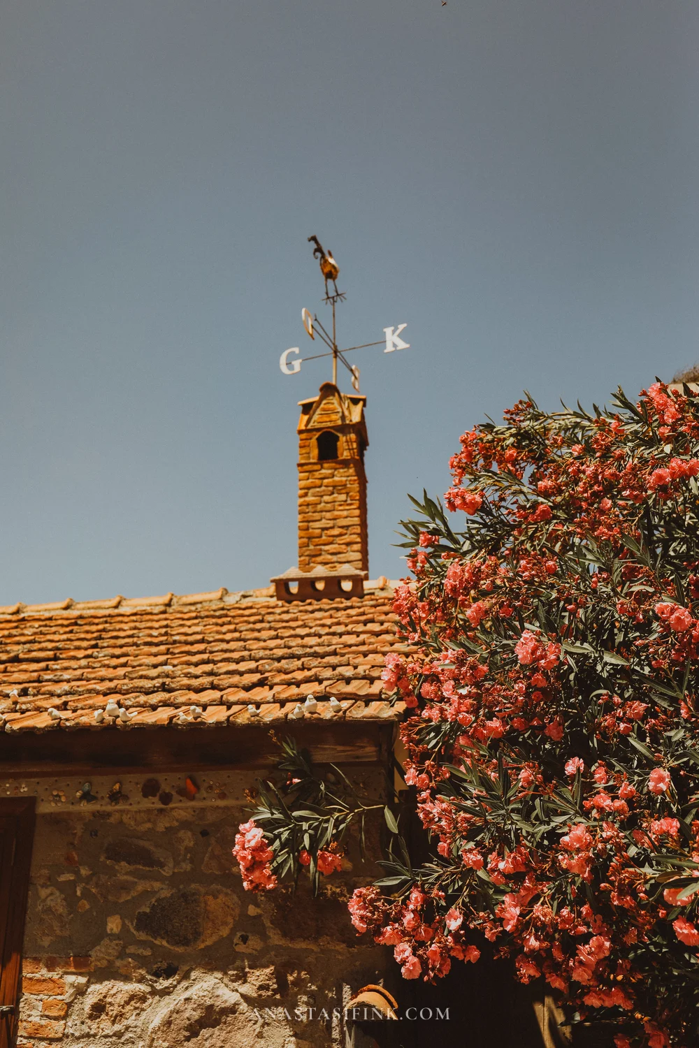 Rooster weathervane on a stone chimney with pink oleander nearby