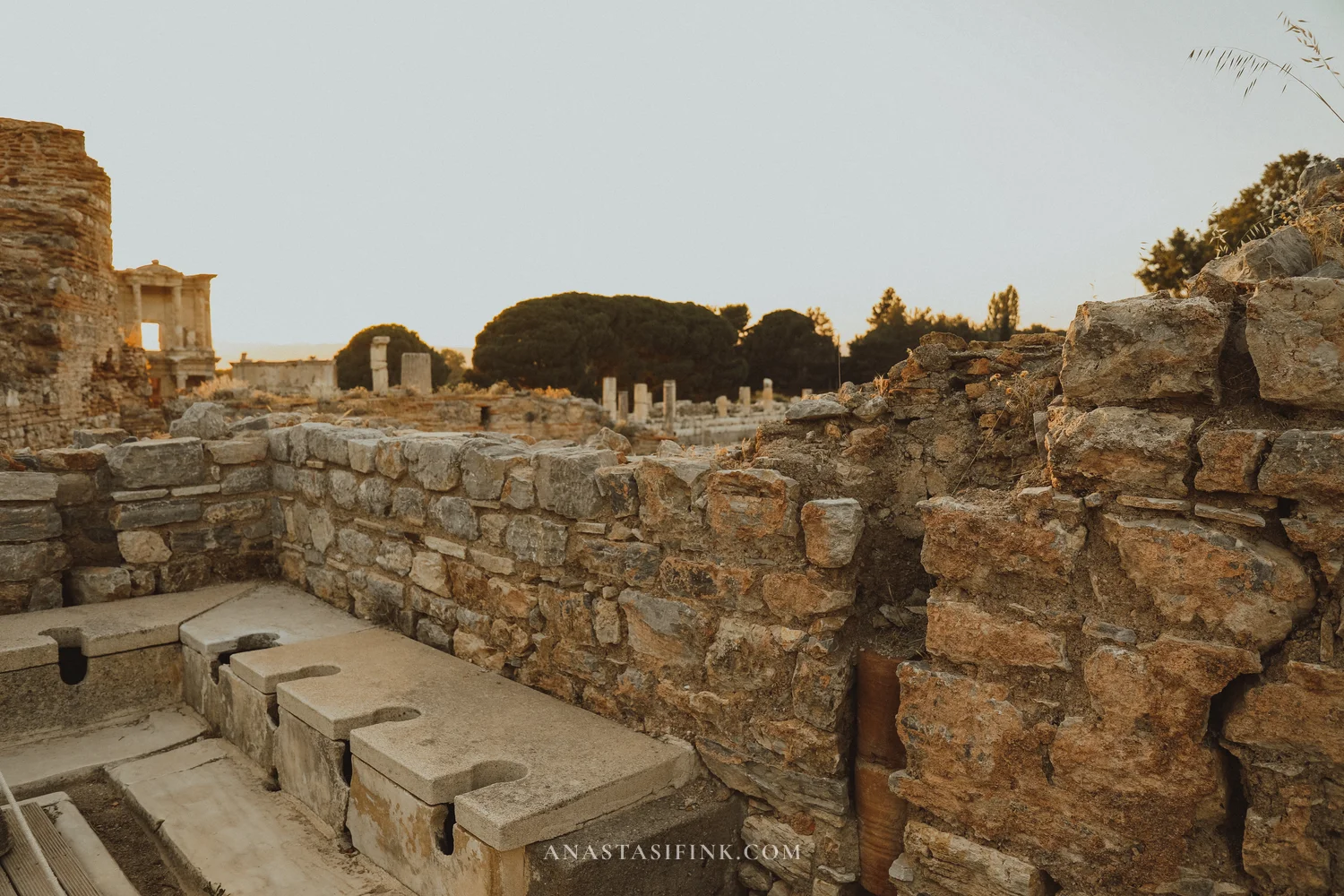 Ancient public latrines of Ephesus with marble seats