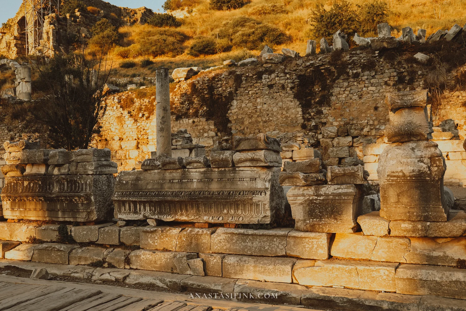 Carved marble frieze in close-up