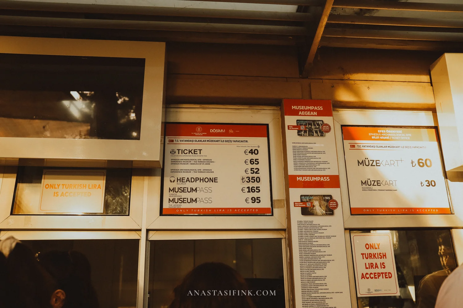 Ephesus ticket office at night with price board — €40 per ticket, Only Turkish Lira