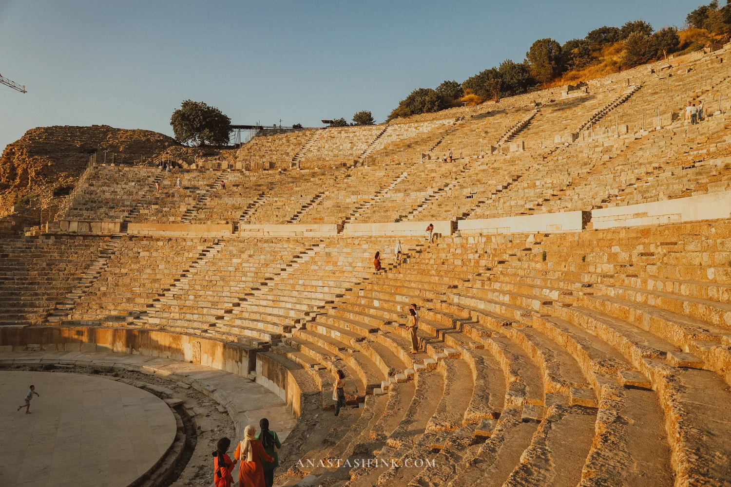 The Great Theatre of Ephesus, view from below of the terraced seating, golden hour