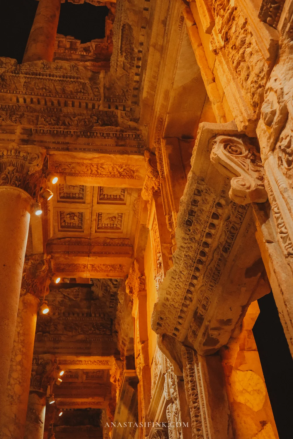 Close-up of ornamental friezes and Ionic capital at night