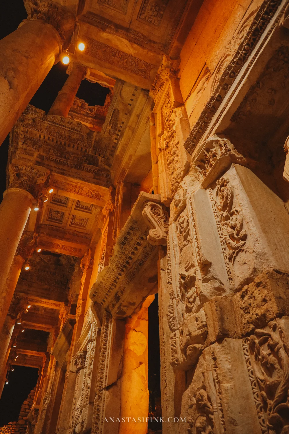 Relief friezes and carved panels of the Library at night