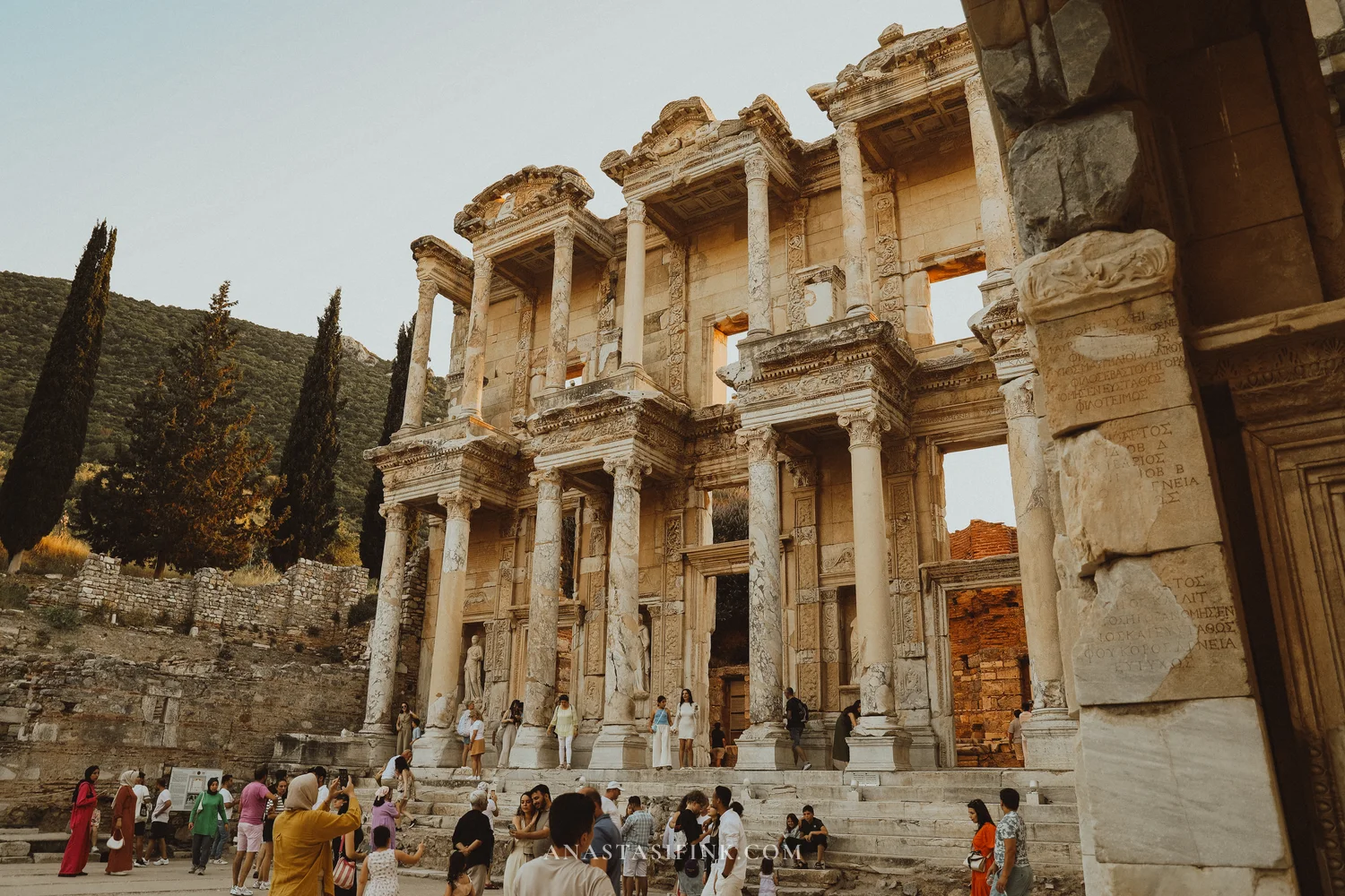 Library of Celsus with palm trees, side view