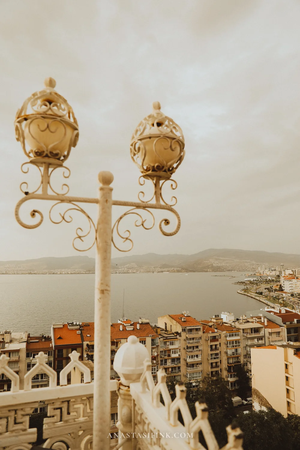 Vintage lamp on Asansor observation deck with bay view