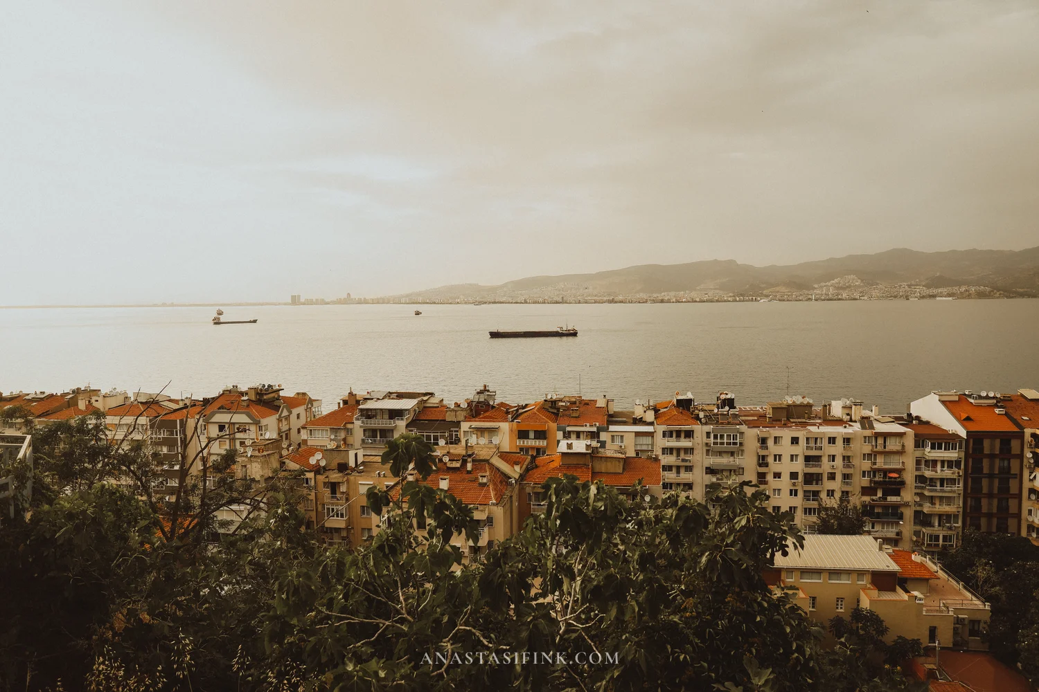 Bay panorama from height — ships, mountains on horizon