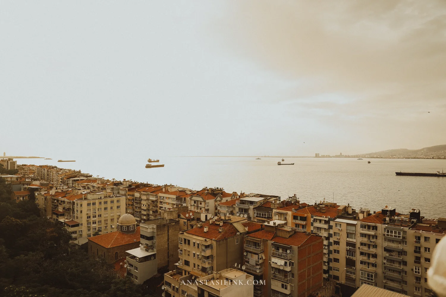 Bay view — tile rooftops, mosque, ships