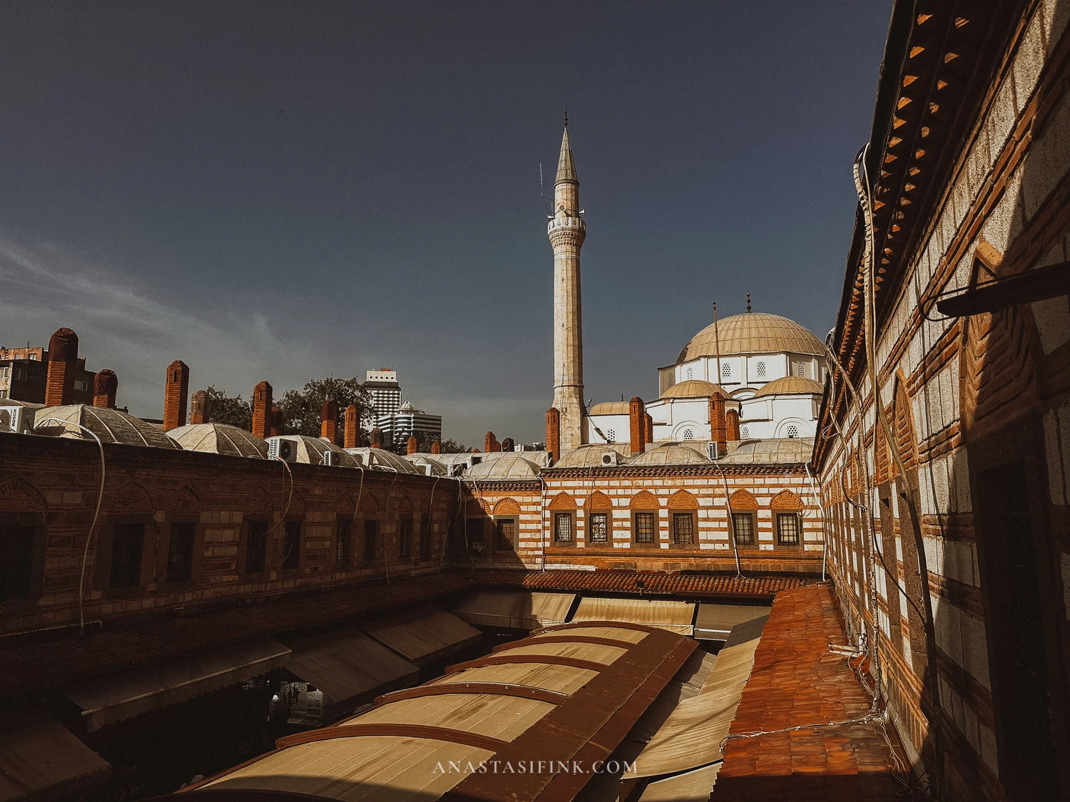 Rooftop view of Hisar Mosque dome — worth climbing if you find the stairs