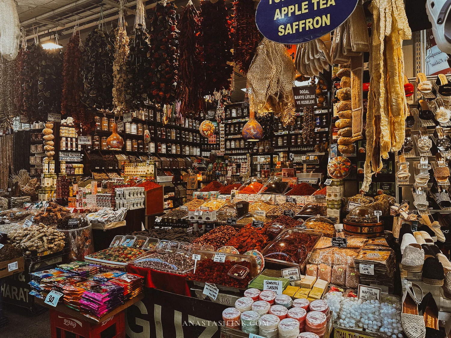 Classic spice shop — apple tea, saffron, dried peppers. You can taste everything