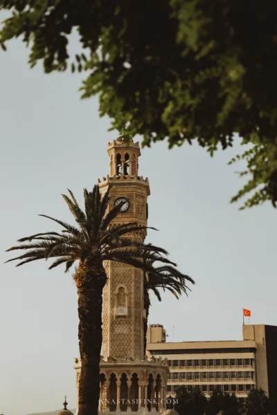 Konak Clock Tower with palm tree — the main symbol of Izmir, Turkey