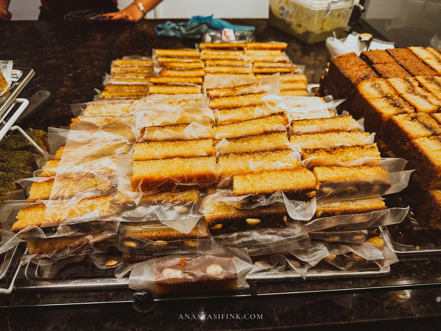 Sambali cut into bars — semolina dessert soaked in syrup
