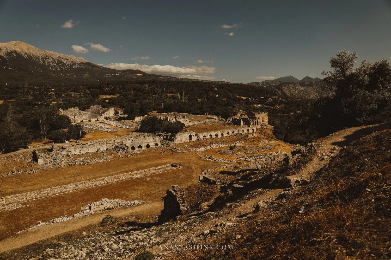 Panoramic view of the stadium and lower city ruins