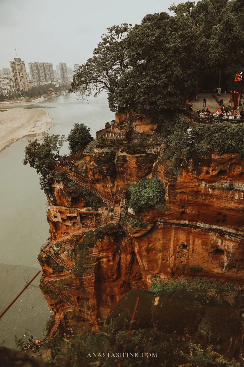View of the cliff and river from the Leshan Giant Buddha
