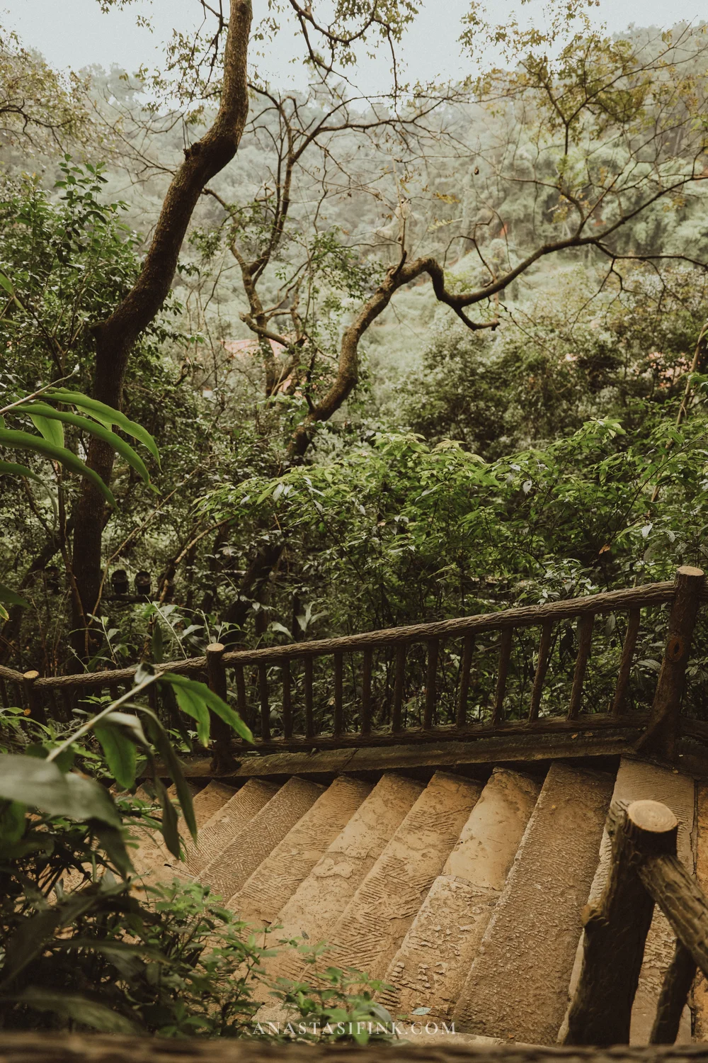 Stone staircase with railings in the forest on Lingyun Mountain