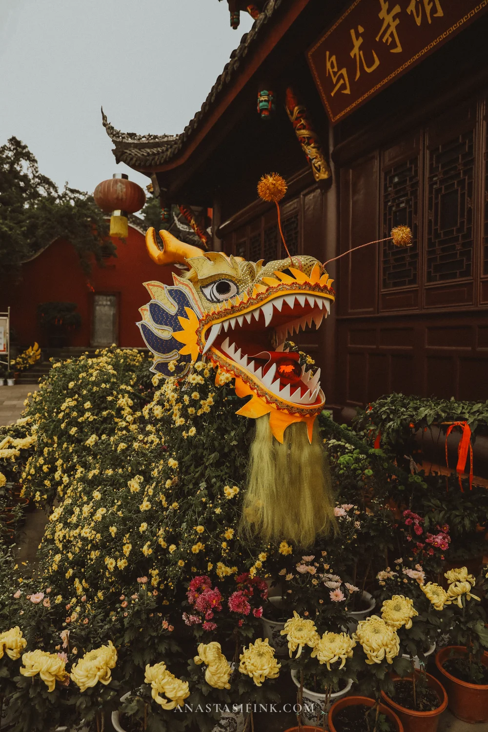 Golden dragon head and chrysanthemums at Wuyou Temple