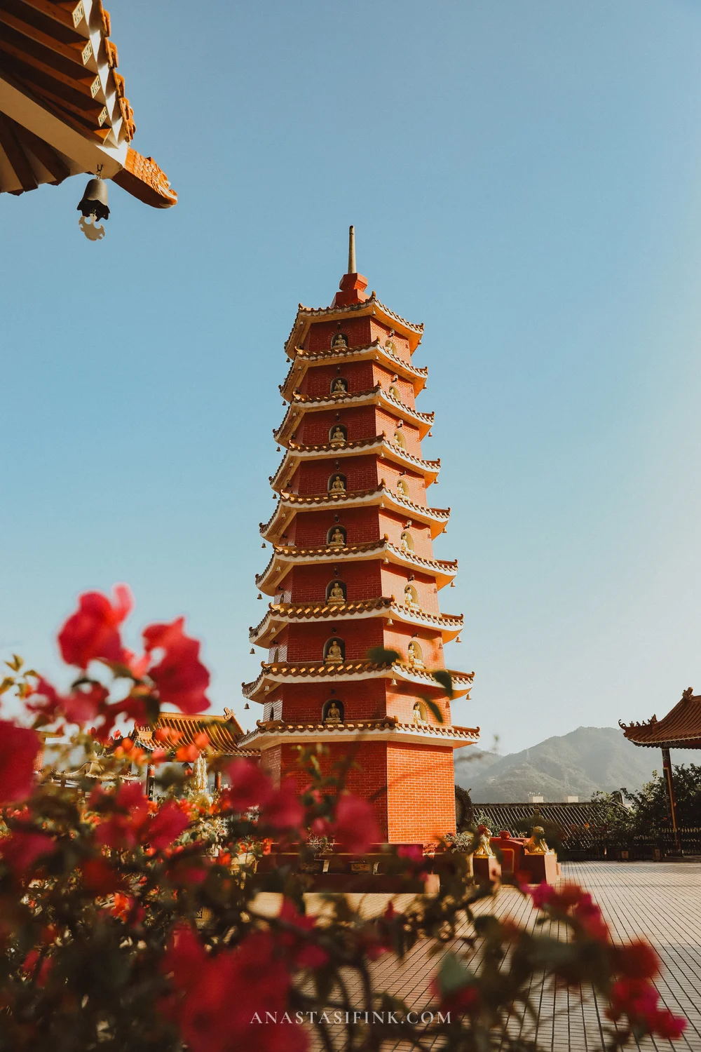 The nine-storey red pagoda of the Ten Thousand Buddhas Monastery in Sha Tin, Hong Kong
