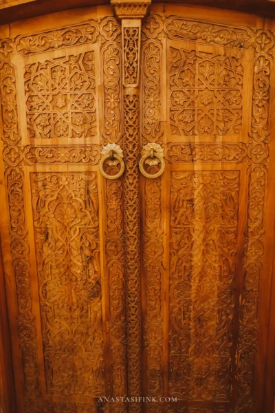 Carved wooden doors of Hazrat Khizr Mosque in Samarkand