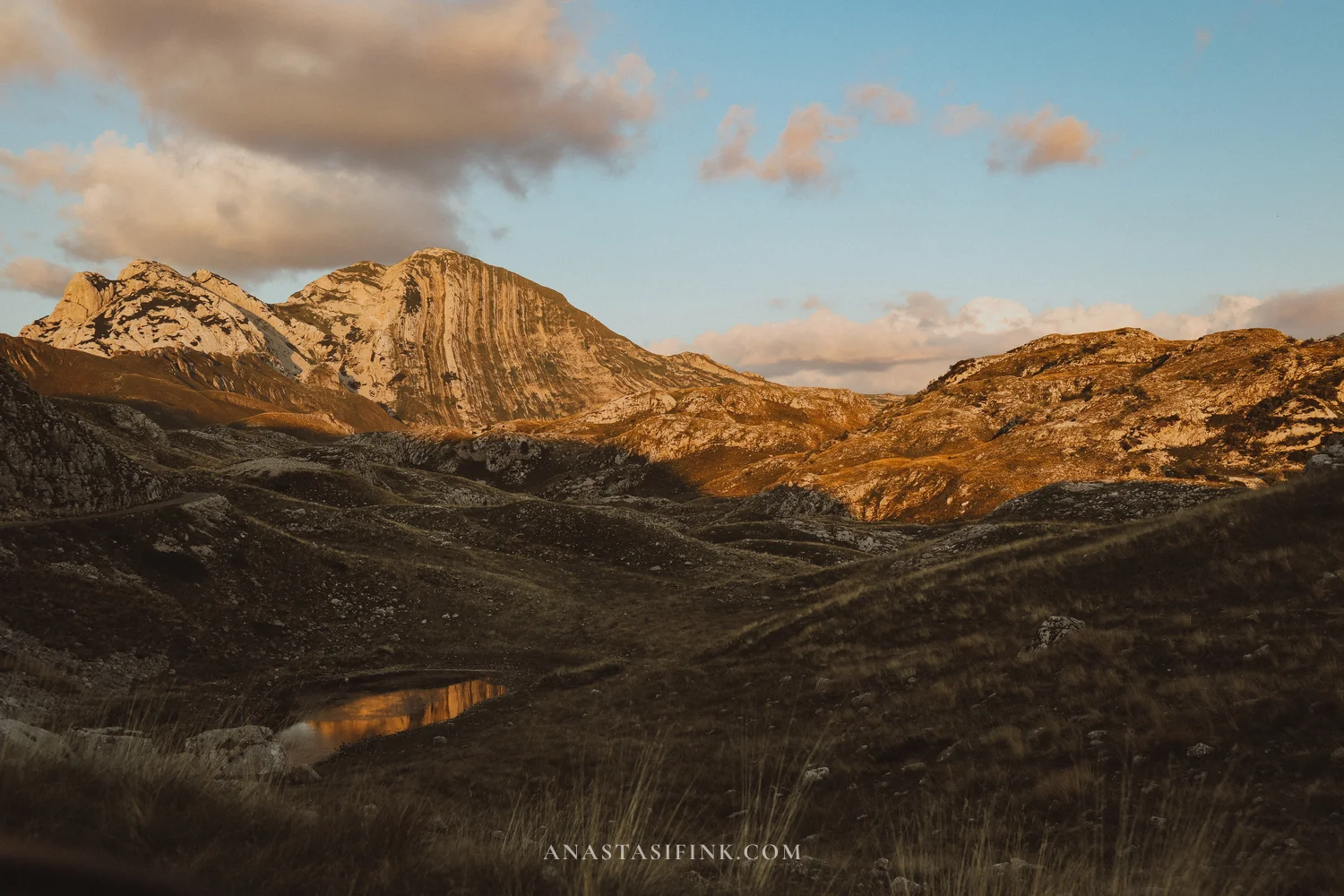 Prutas peak with striped limestone layers in sunset light, Durmitor, Montenegro